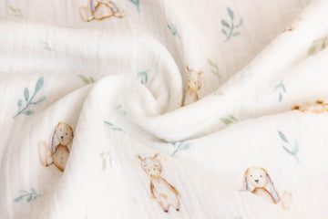 Musselin, Double Gauze, mit Bären, Hasen und Kühen, wollweiß, 0,5 m